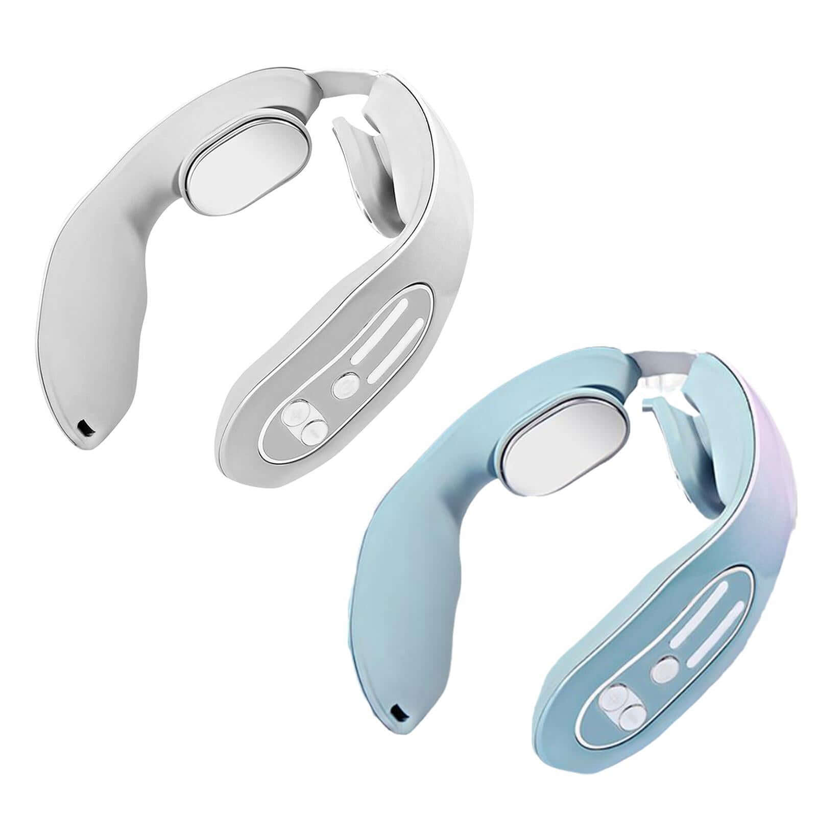 EMS neck massager with heat in silver and blue design, featuring control buttons for relaxation and muscle stimulation.