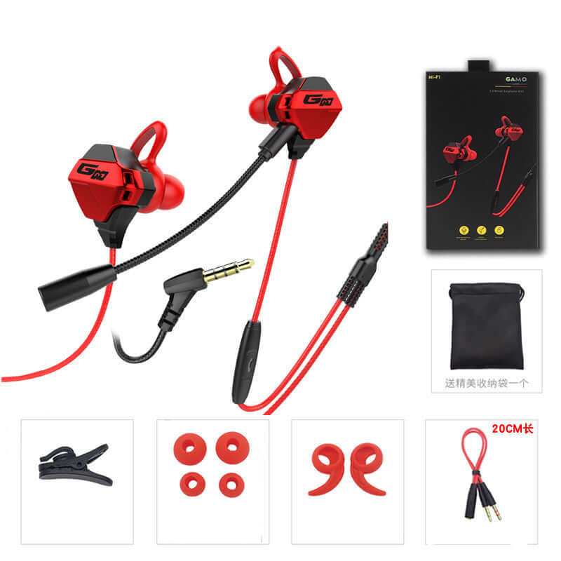 in-ear gaming headset with red luxury design and 3.5mm L-bend plug for mobile and computer gaming.
