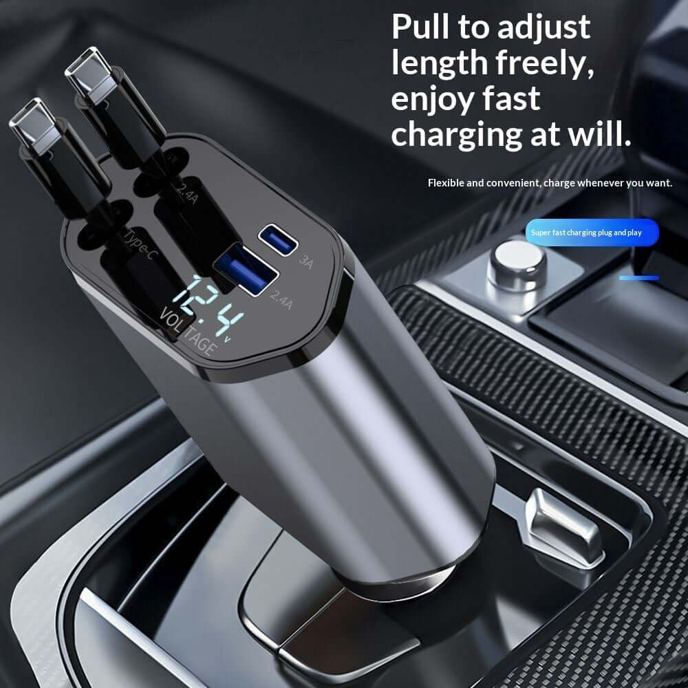 4 in 1 car charger with USB Type C, retractable design, fast charging, dual Type-C ports.
