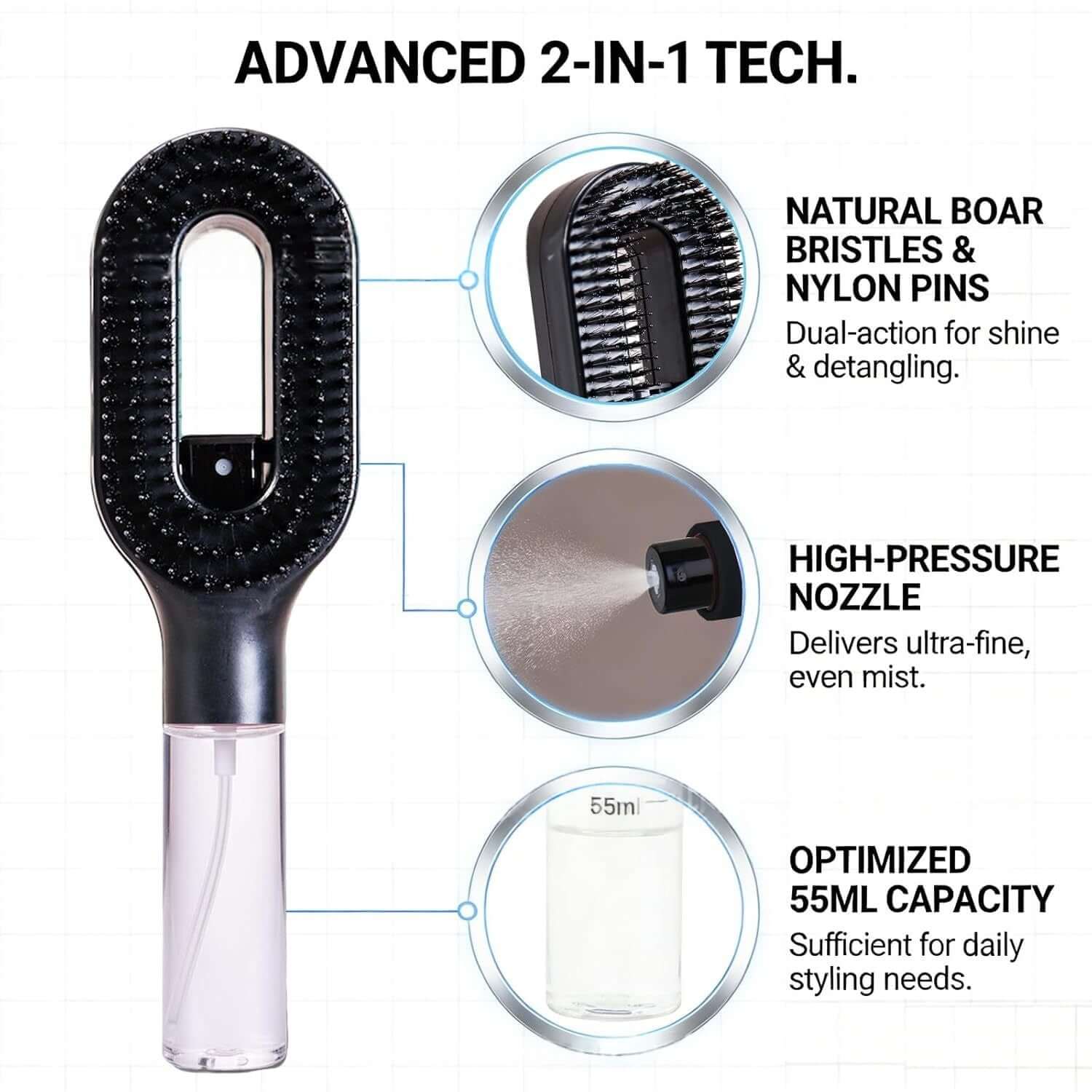 Close-up of a scalp massage spray hairbrush showcasing its 2-in-1 tech, including bristles and spray nozzle.