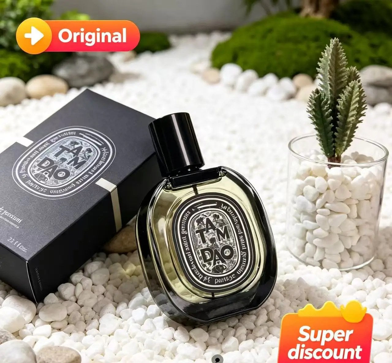 Blended Oud Wood Patchouli Musk fragrance for men 75ML eau de parfum with an elegant black box and bottle.
