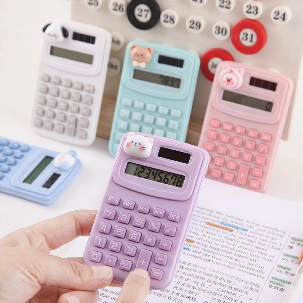 Cute portable mini calculator in pink, purple, blue, and gray colors for students and office use.