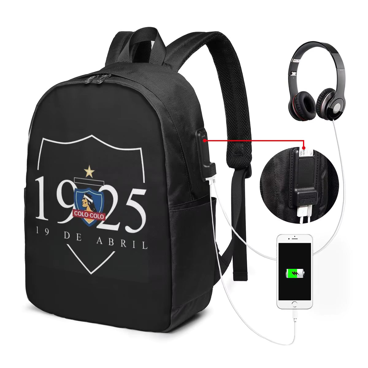 CSD COLO COLO college student laptop backpack with USB charging port alongside headphones.