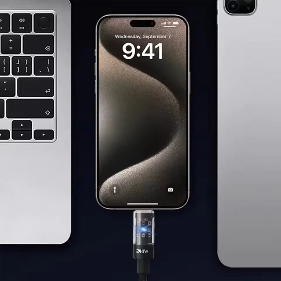 240w nylon usb c fast charging cable connected to smartphone and laptop with digital display.