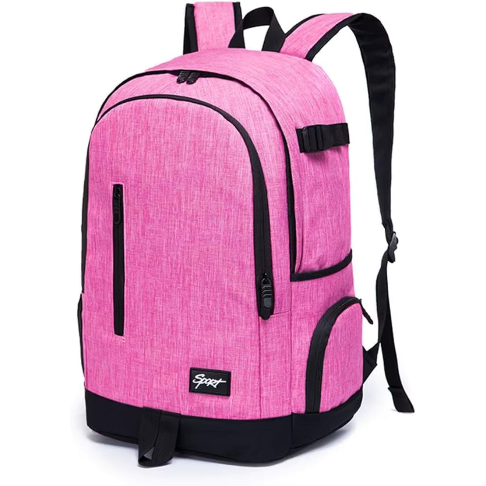 Lightweight school backpack with laptop compartment in pink color, featuring multiple pockets and adjustable straps.