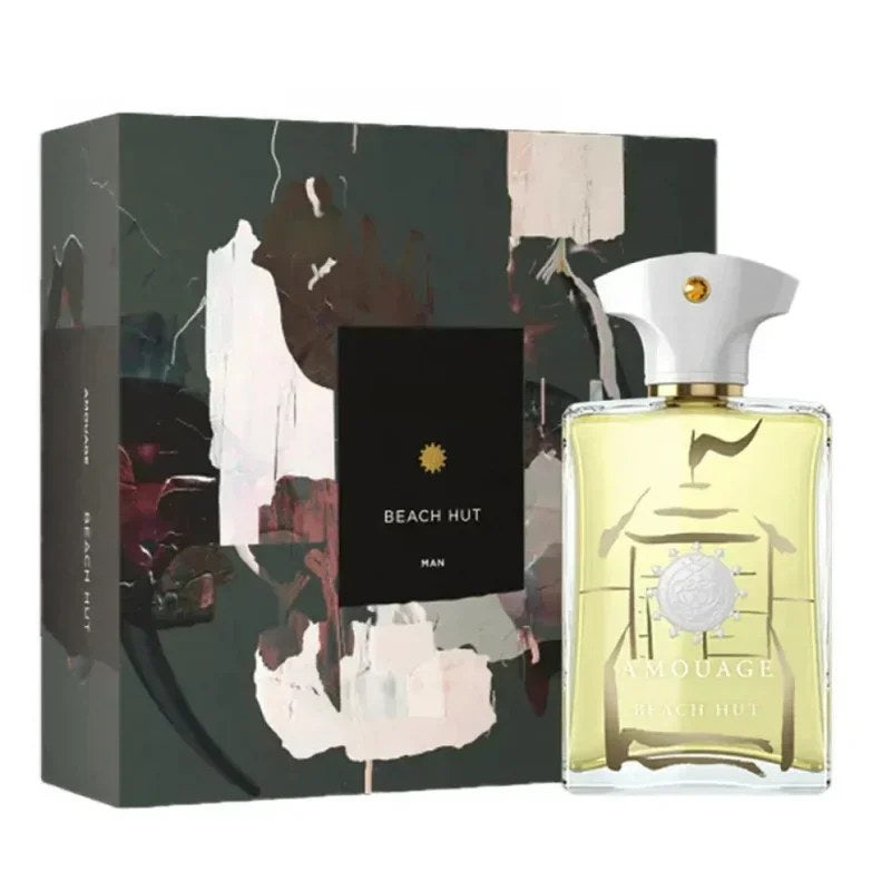 Amouage Beach Hut perfume in a stylish bottle with an artistic box design, perfect oud niche perfume for romantic evenings.