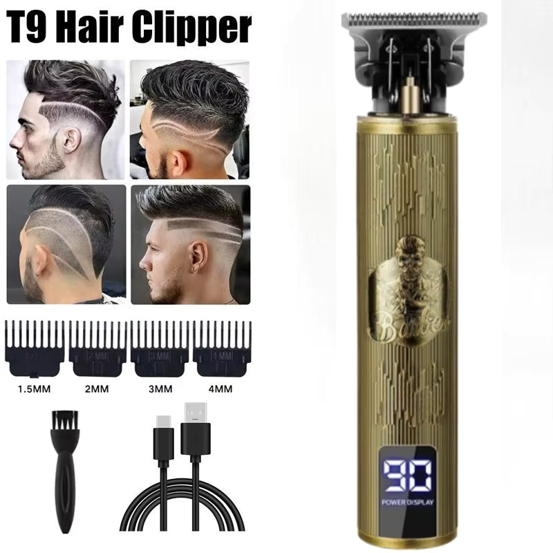 Cordless USB hair trimmer with T9 clipper design, various guard sizes, and power display for efficient hair cutting.