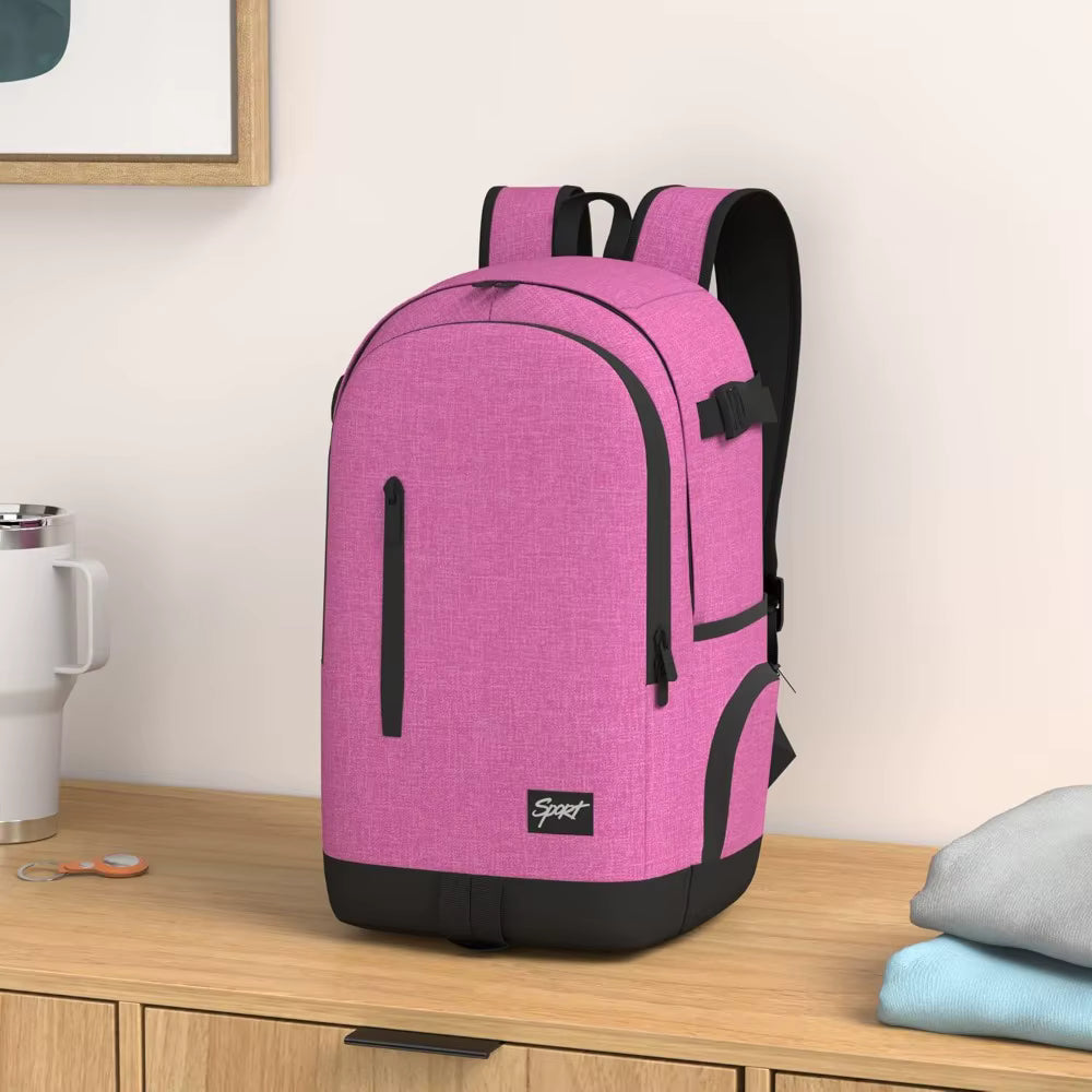 Lightweight school backpack with laptop compartment in pink color, perfect for college and travel.