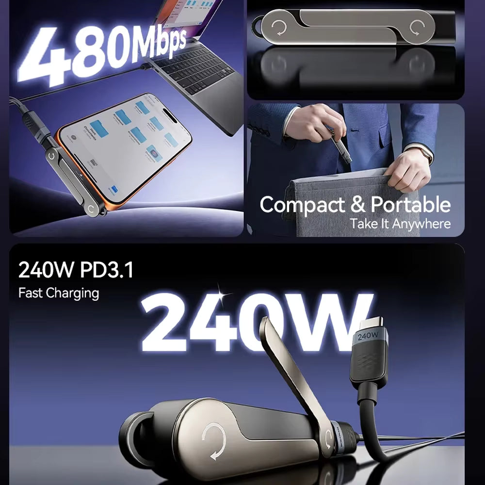 240W USB Type C charging cable with foldable stand, compact and portable design for quick charging.
