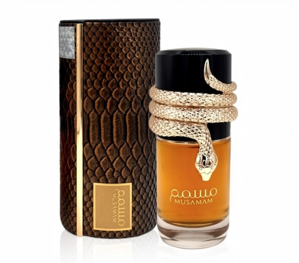 Premium Arabic Musamam perfume in a stylish snake-themed bottle and case, ideal unisex fragrance for men and women.
