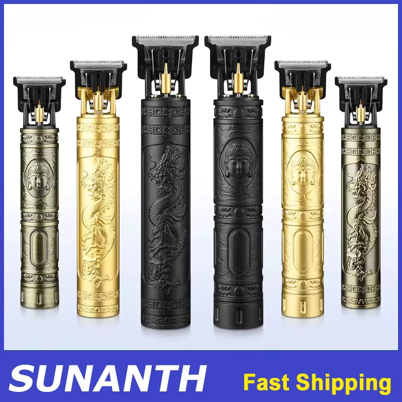 Various vintage cordless USB hair trimmers displayed in black, gold, and silver designs for professional grooming.
