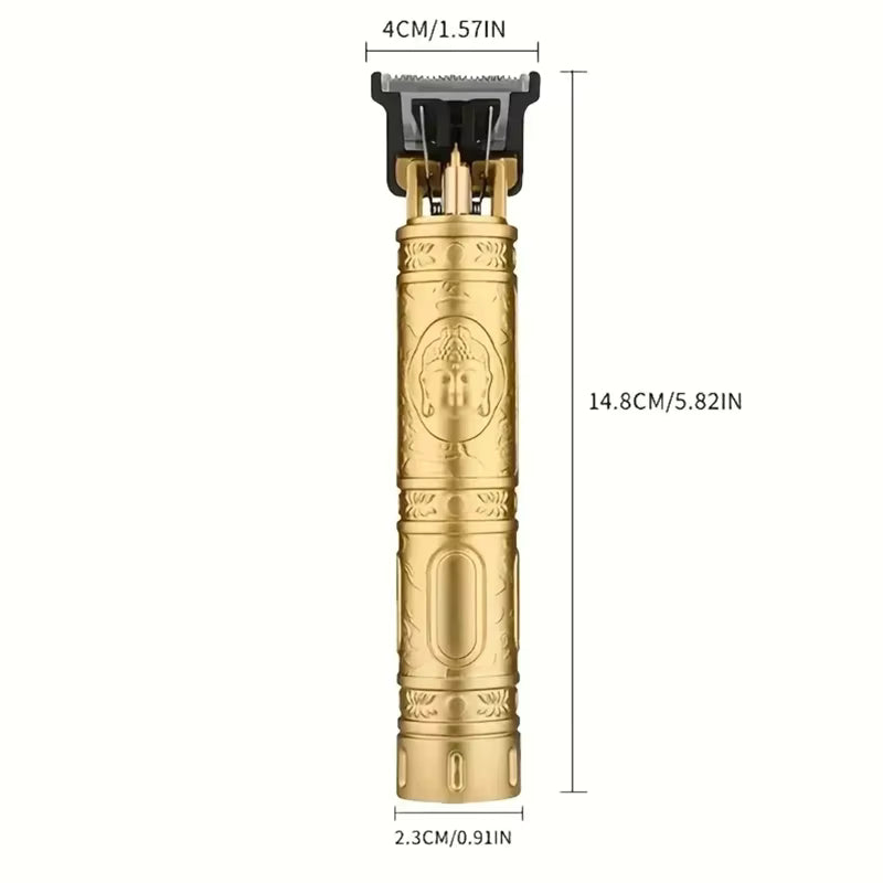 cordless USB hair trimmer with ornate design, measuring 14.8cm in length and 4cm in width, gold color.