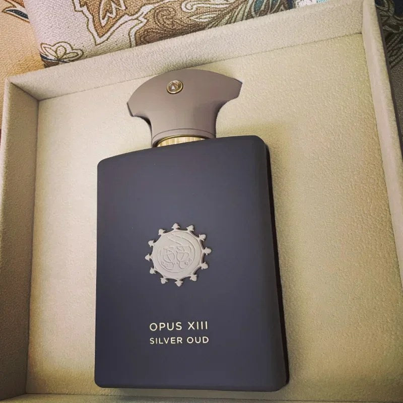 100ml Opus XIII Silver Oud perfume in elegant packaging, perfect oud niche perfume for romantic evenings.