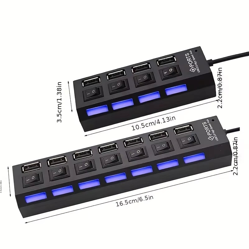 USB 2.0 multi port hub with LED switch showing multiple ports and switches for enhanced connectivity