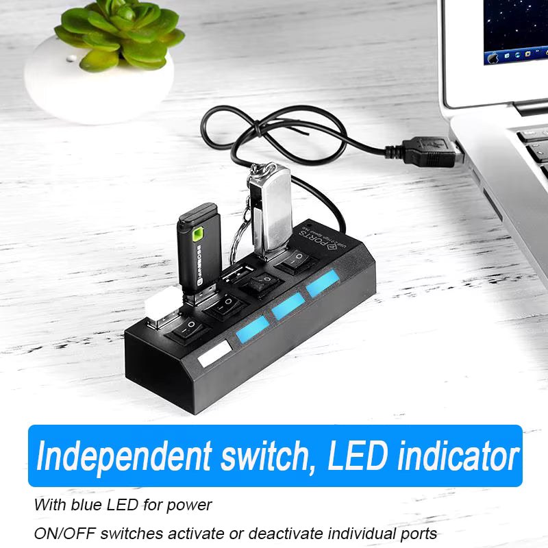 USB 2.0 multi port hub with LED switch showing multiple ports and independent switches for device connectivity.