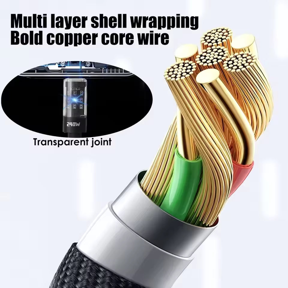 240w nylon usb c fast charging cable with multi-layer shell wrapping and bold copper core wire.