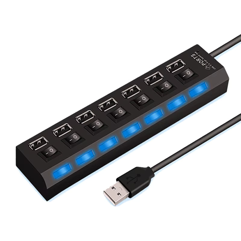 High Speed USB 2.0 multi port hub with LED switch for PC and laptop connectivity.