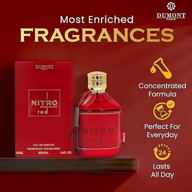 Dumont NITRO RED 3.4oz Eau De Parfum, luxury perfume for men, concentrated formula, long lasting fragrance.