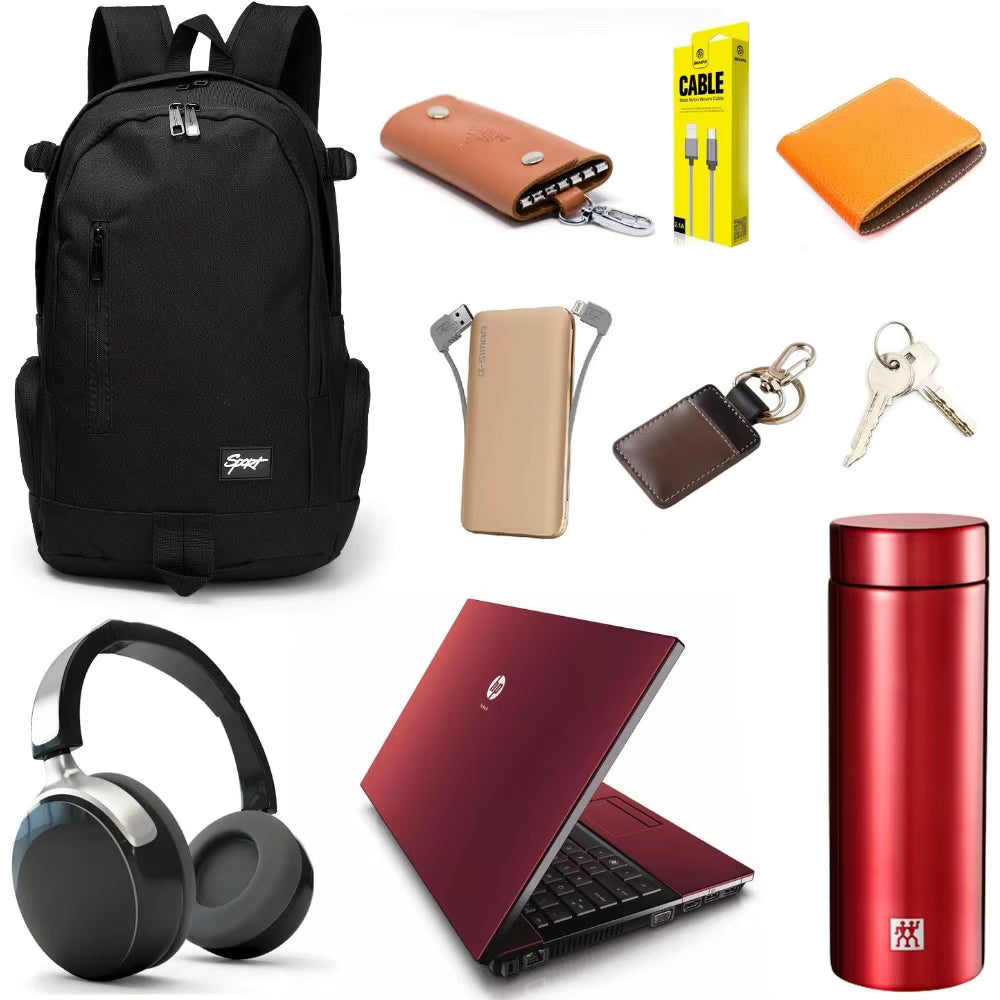 Lightweight school backpack with laptop compartment alongside accessories like headphones, laptop, and portable charger.