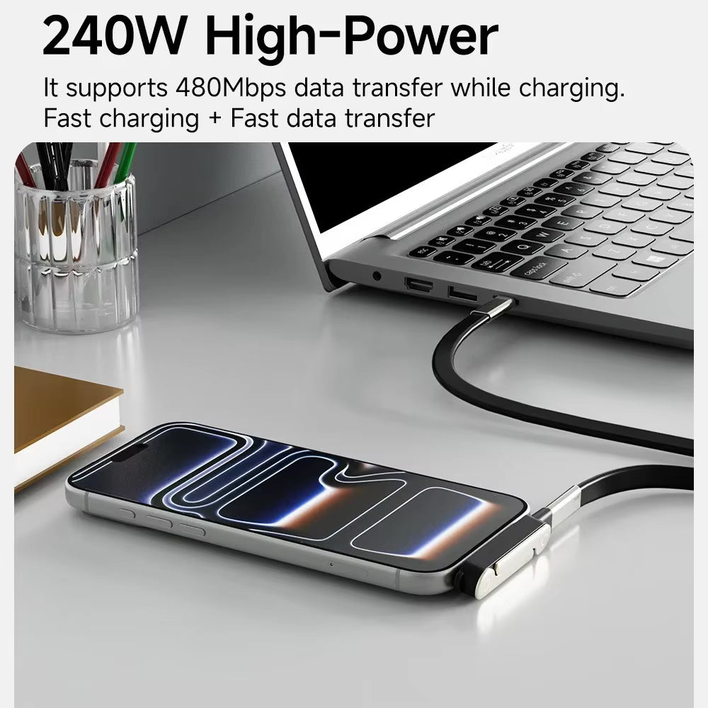 240W USB Type C charging cable with foldable stand connected to a laptop and smartphone for rapid charging and data transfer.