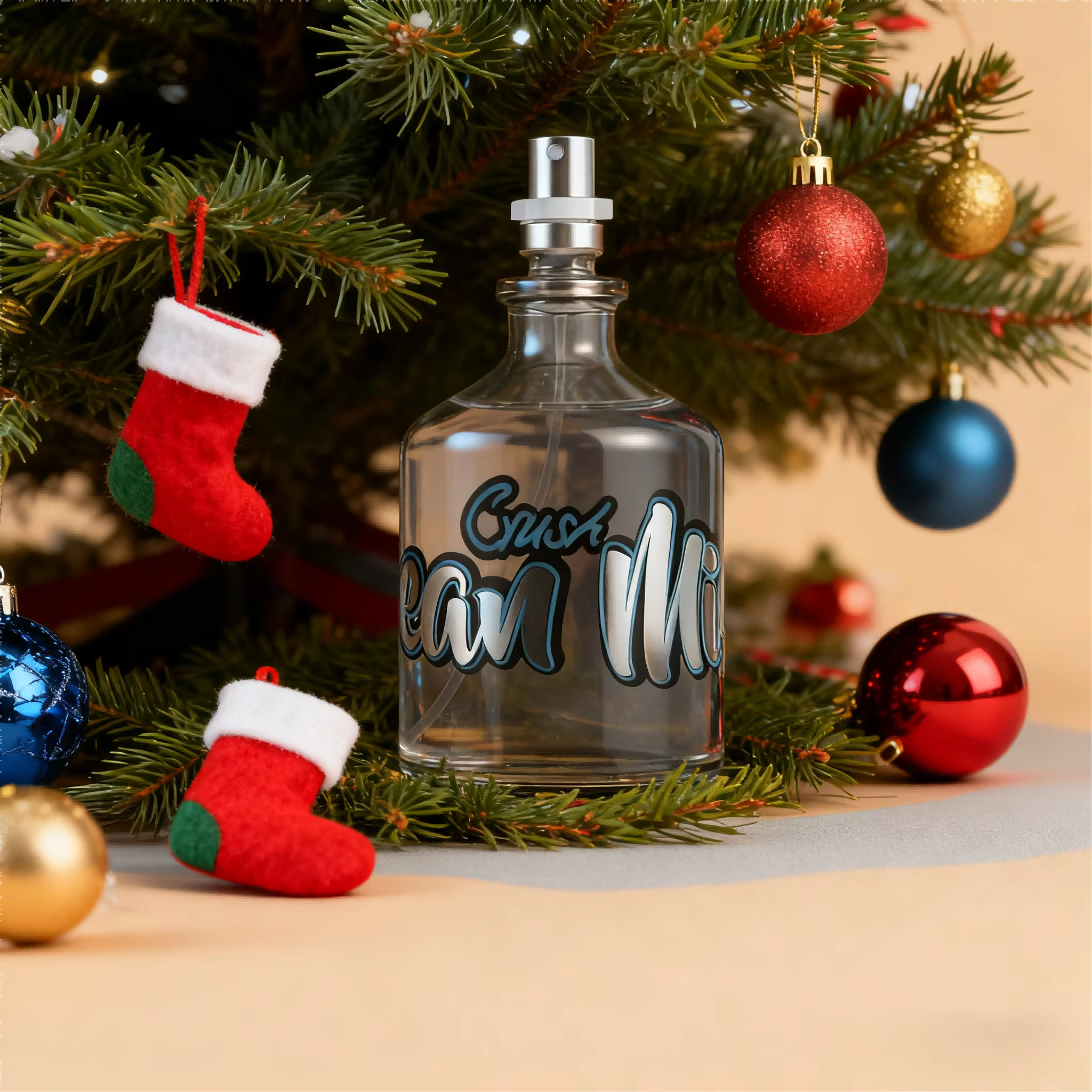 100ml long-lasting oriental fragrance for men displayed by a Christmas tree with decorative ornaments.