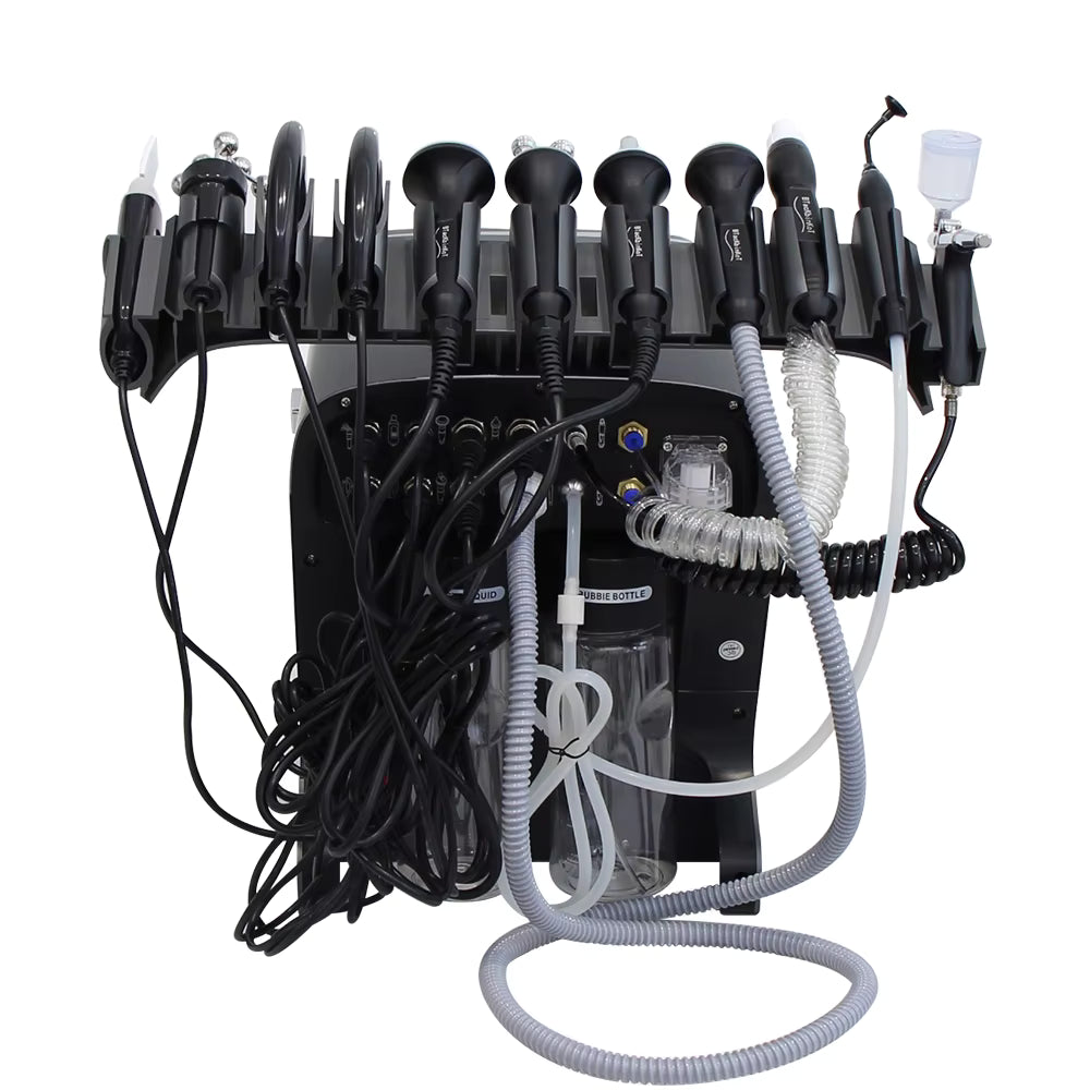 AOKO Updated 10 in 1 facial spa machine showcasing multiple cleaning tools and hoses for professional skincare.