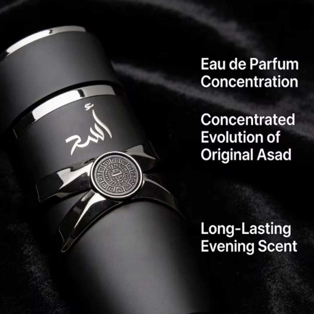 Black perfume bottle with silver accents showcasing Eau de Parfum Concentration, Long-Lasting Evening Scent.