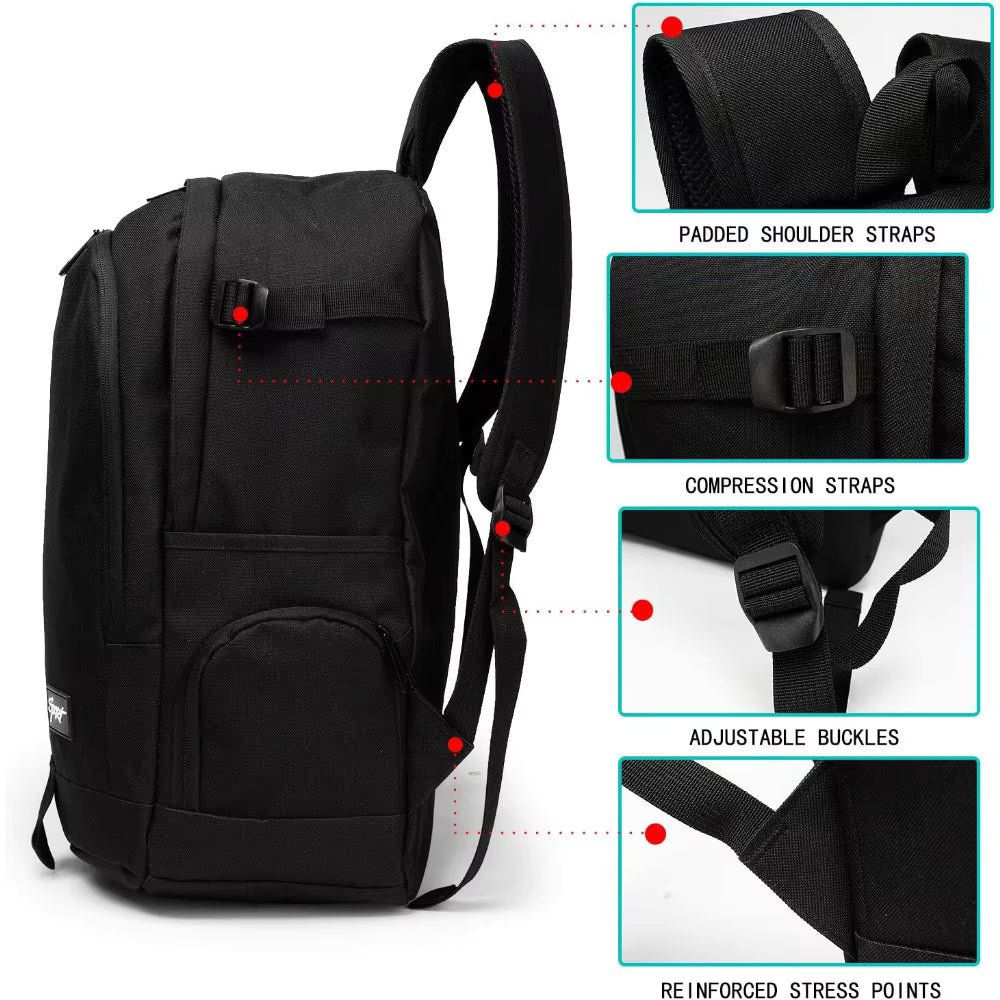 lightweight school backpack with laptop compartment showing adjustable straps and reinforced stress points.