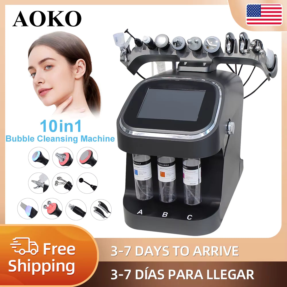 AOKO 10 in 1 facial spa machine for skincare and bubble cleansing with advanced features and multiple attachments.
