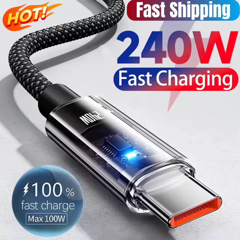 240w nylon usb c fast charging cable with LED digital display and durable braided design.