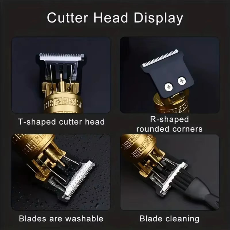 Cutter head display showing T-shaped and R-shaped cutter heads of a cordless USB hair trimmer.