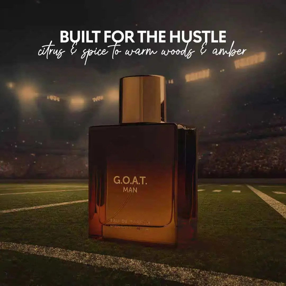 BellaVita luxury goat man perfume in a stylish bottle on a football field background.