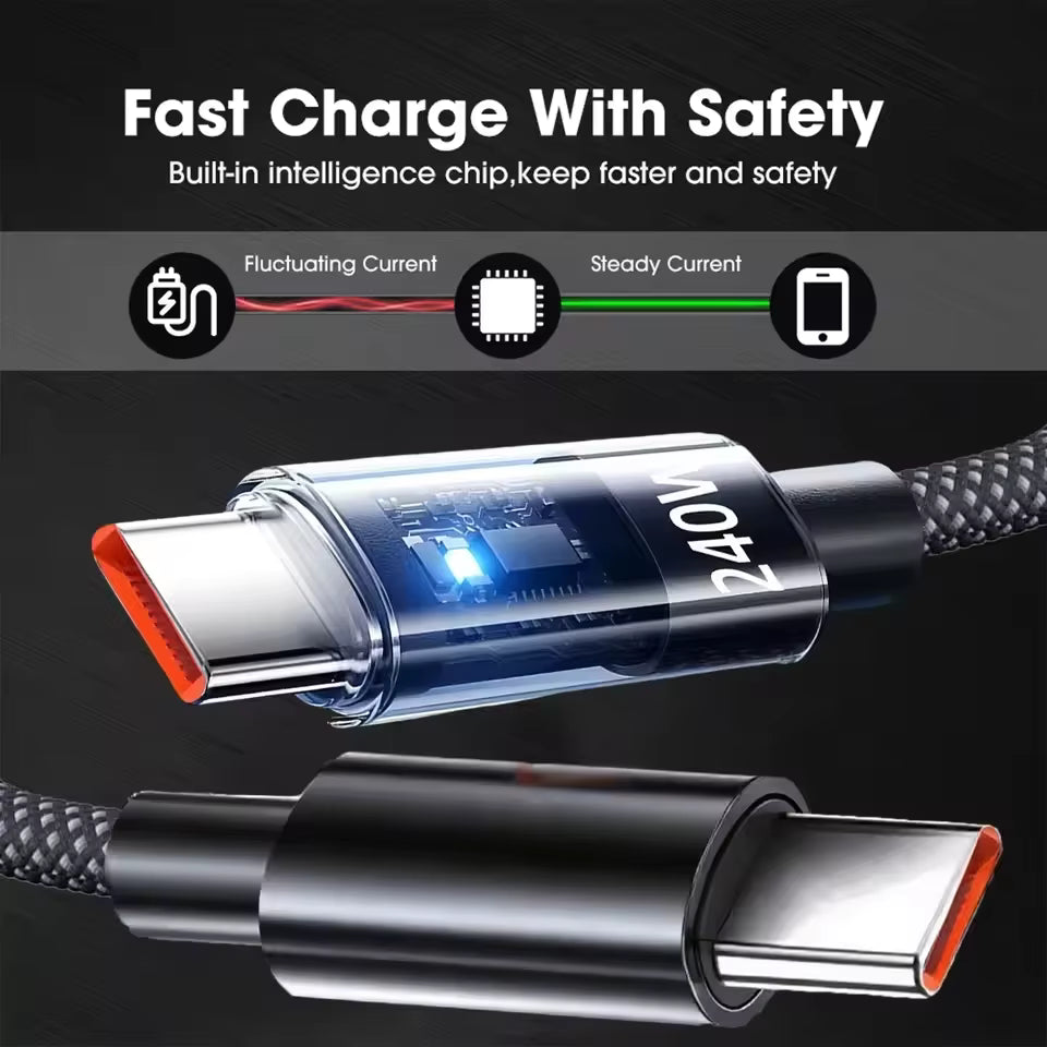 240w nylon usb c fast charging cable showcasing fast charge technology with safety features and intelligence chip.