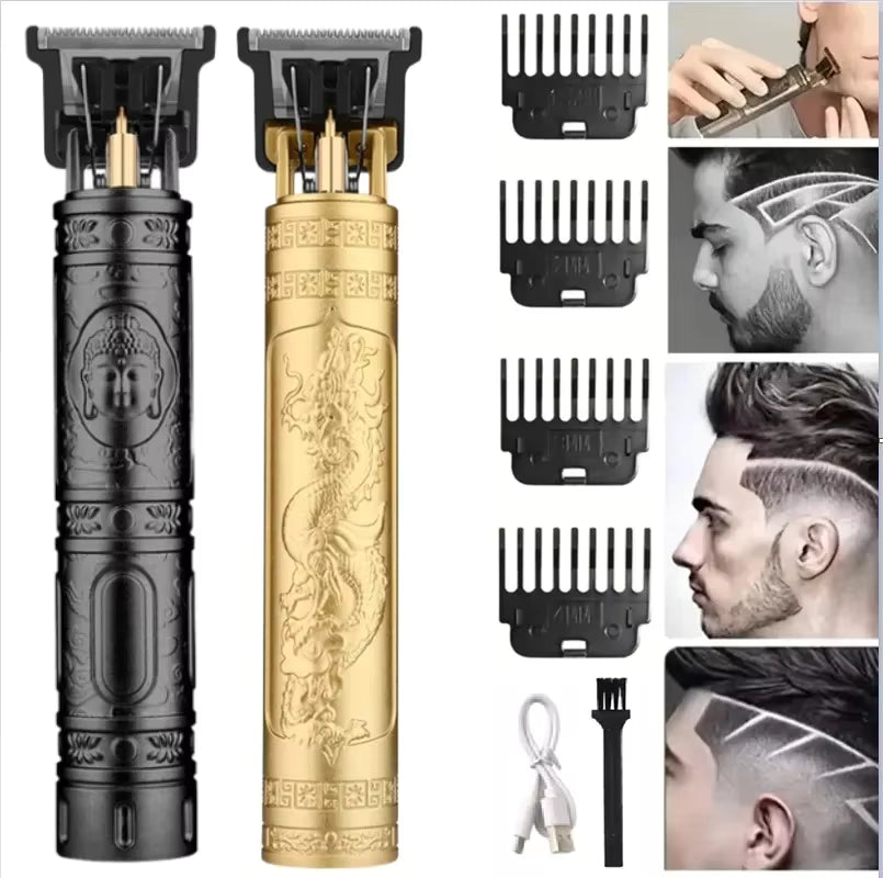 Cordless USB hair trimmer set with sleek designs, comb attachments, and images of stylish haircuts.