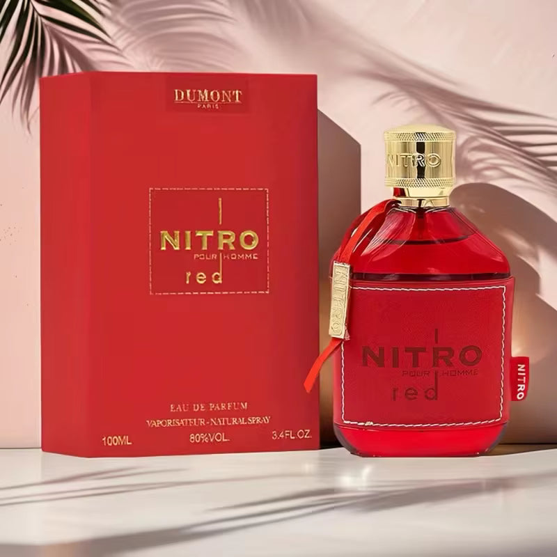 Dumont NITRO RED 3.4oz Eau De Parfum, luxury perfume for men in a striking red bottle and box.